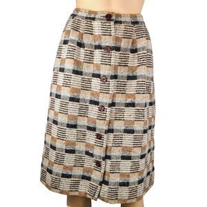 1960s Pleated Brown Cream Plaid Tweed Midi Button Up Winter Skirt Size XS